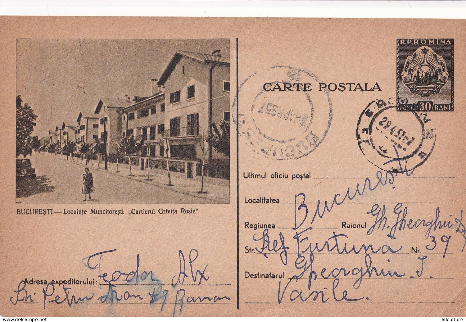 A24323 - Locuinte Muncitoresti Cartier Grivita Rosie  Postal Stationery  Used 1957 - Ganzsachen