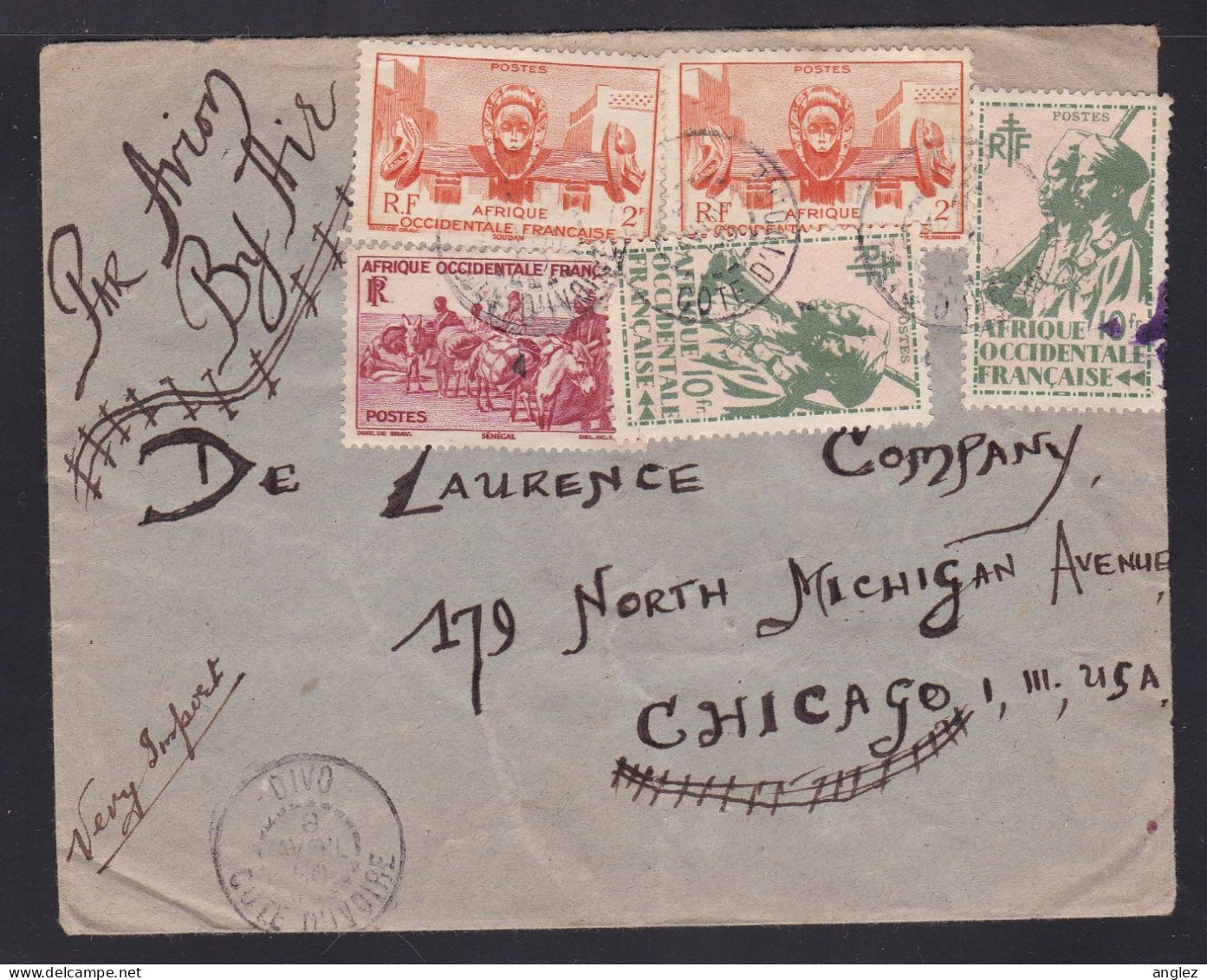 France / AOF / Cote D'Ivoire / Ivory Coast - 1950 Airmail Cover Divo To Chicago USA - Briefe U. Dokumente