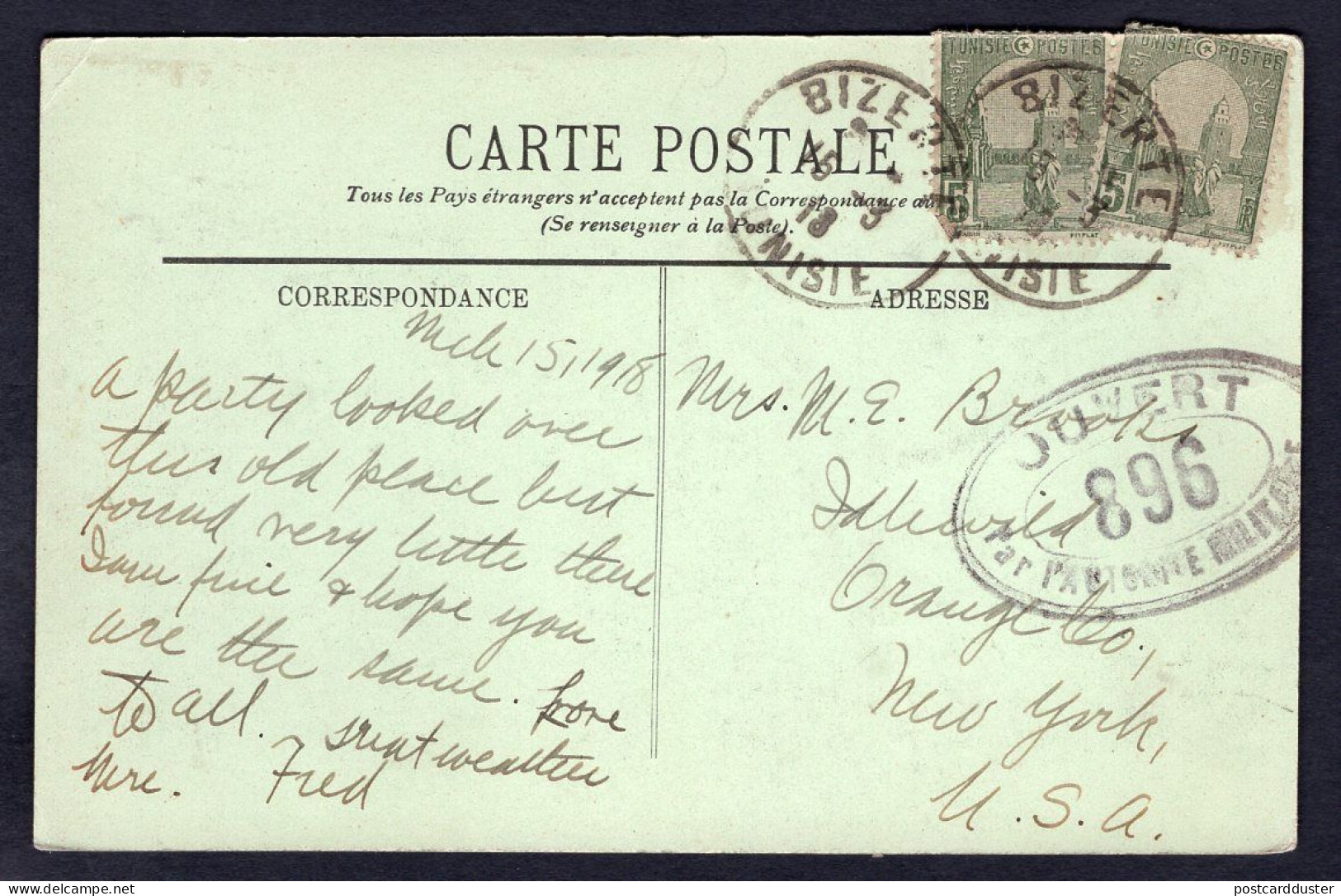 FRENCH TUNISIA 1918 Military Censored Postcard To USA (p140) - Briefe U. Dokumente