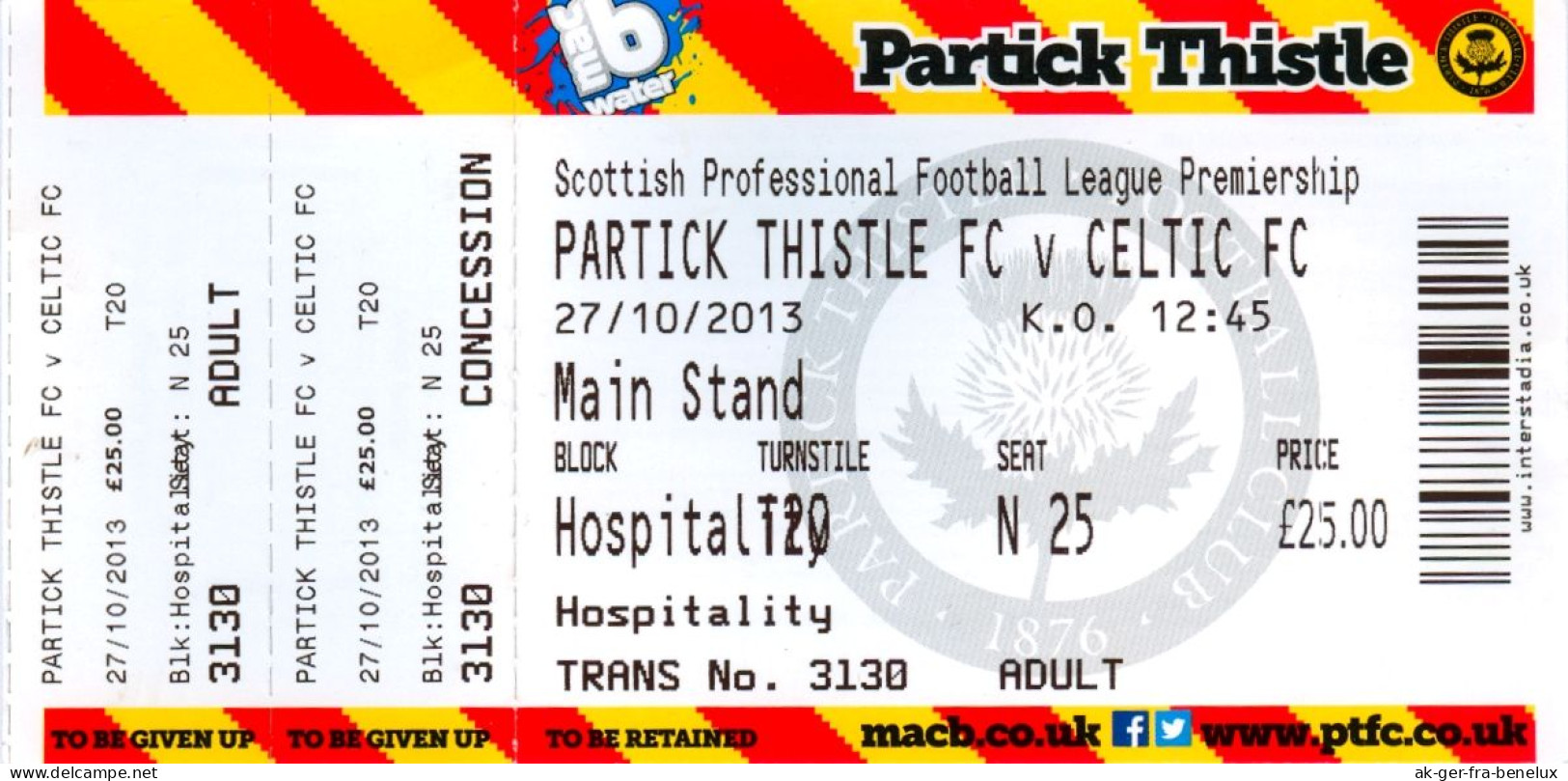 Fußball Eintrittskarte Ticket Partick Thistle FC Vs Celtic Glasgow 27. 10. 2013 Maryhill Football Schottland Scotland - Tickets - Vouchers