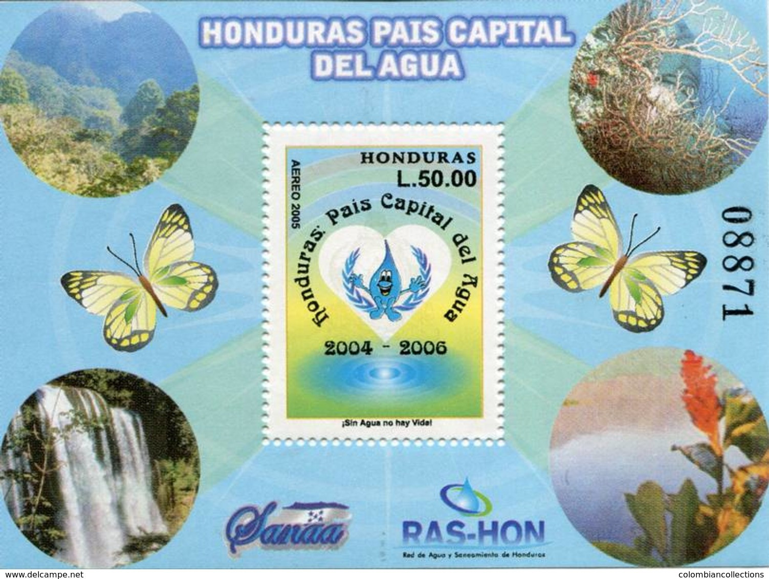 Lote H9, Honduras, 2004, HF, SS, Honduras Pais Capital Del Agua, Water Fall, Butterfly - Honduras