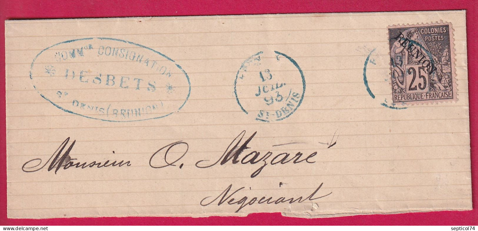 LA REUNION N°24 CAD BLEU ST DENIS 1893 SUR FRAGMENT DE LETTRE - Covers & Documents