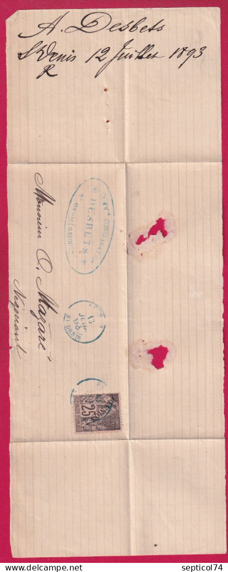 LA REUNION N°24 CAD BLEU ST DENIS 1893 SUR FRAGMENT DE LETTRE - Storia Postale