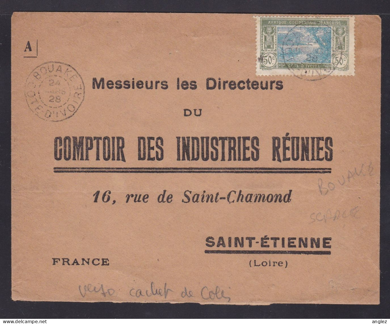 France / AOF / Cote D'Ivoire / Ivory Coast - 1928 Commercial Cover Bouake To St. Etienne - Covers & Documents