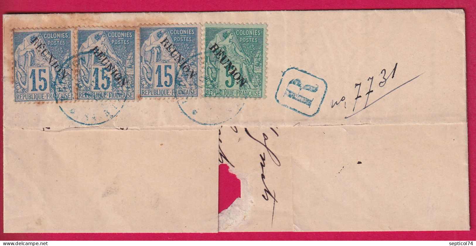 LA REUNION N°20X3 + 22 CAD BLEU ST DENIS 1892 RECOMMANDE POUR NANTES SUR FRAGMENT DE LETTRE - Briefe U. Dokumente