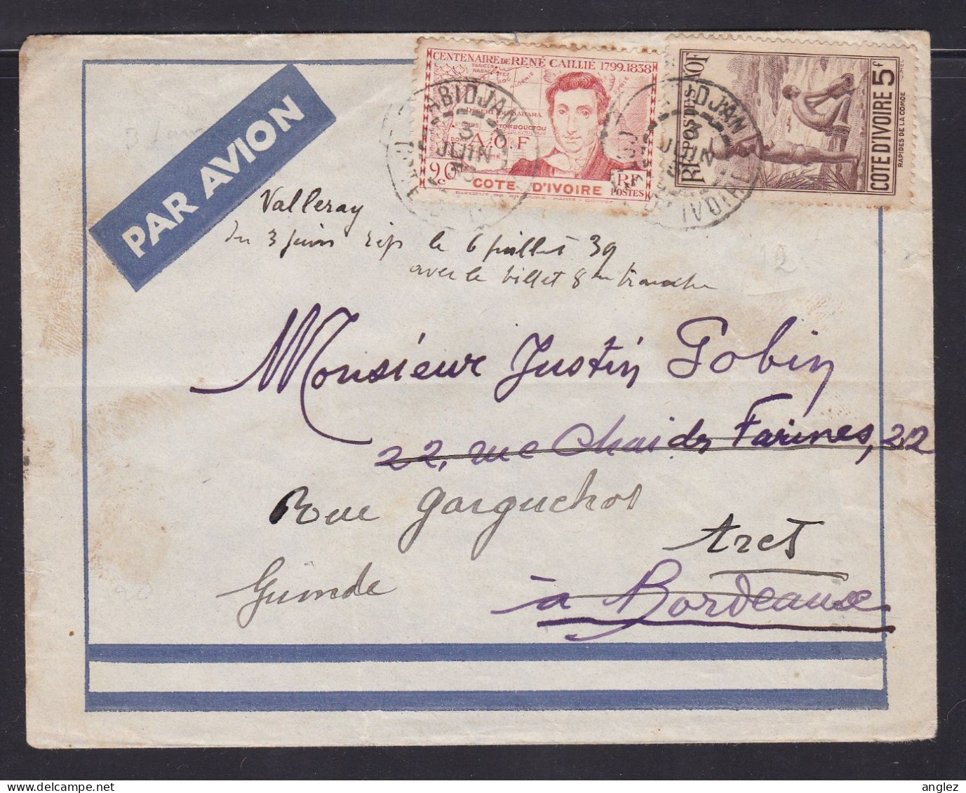 France / AOF / Cote D'Ivoire / Ivory Coast - 1939 Airmail Cover Abidjan To Bordeaux - Covers & Documents