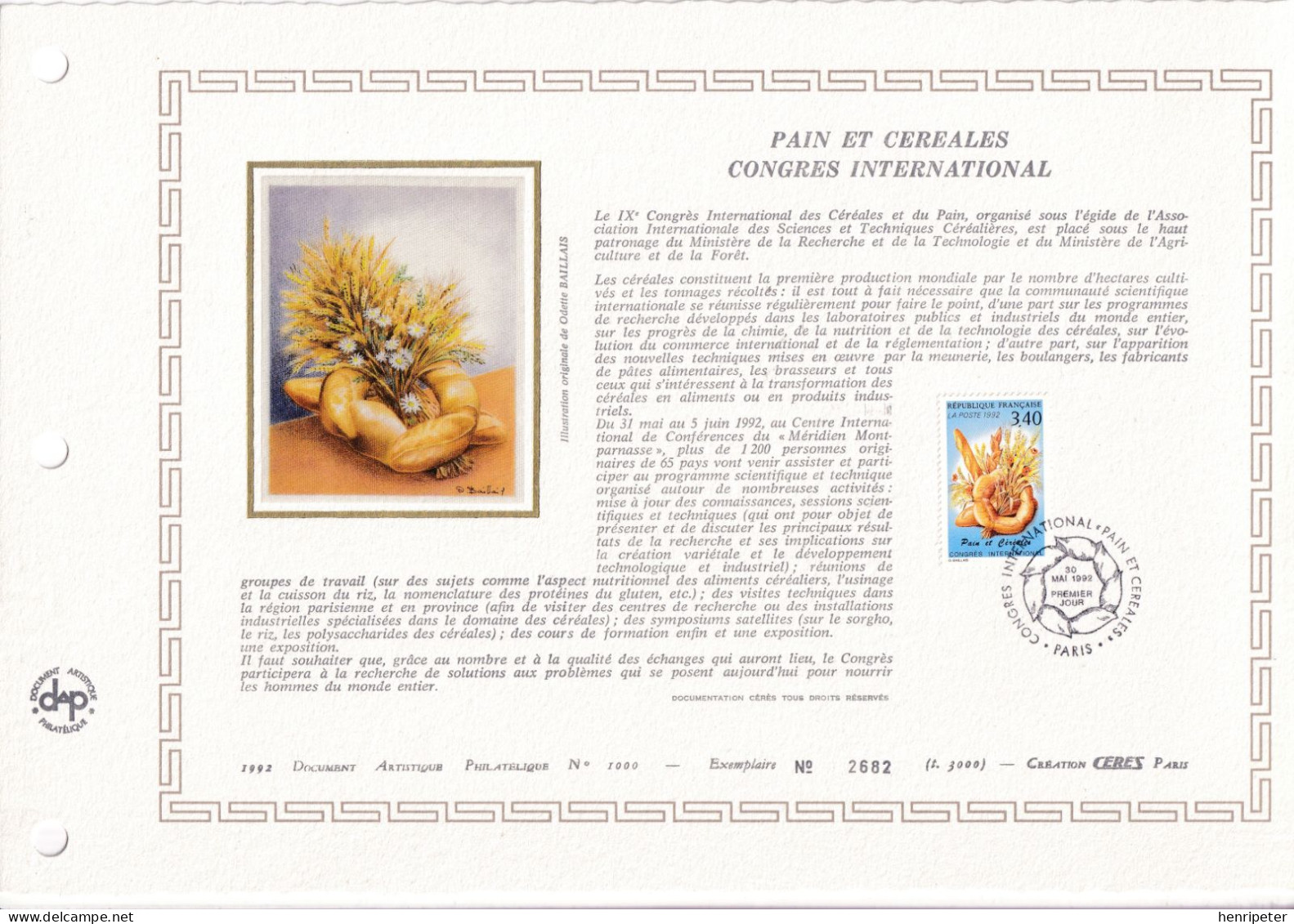 Document Artistique Philatélique CÉRÈS N° 1000 - PAIN ET CÉRÉALES CONGRÈS INTERNATIONAL - N° 2757 (Yvert) - 1992 - Documentos Del Correo