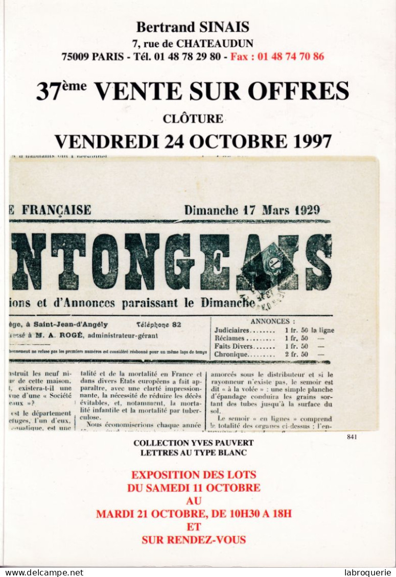 LIT - VO - SINAIS - Vente N° 37 - Pauvert (type Blanc) - Catalogues For Auction Houses