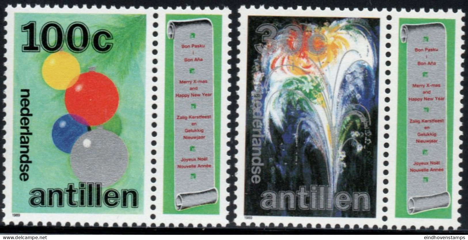 Dutch Antilles 1989 TNew Year Stamps 2 Values MNH Nederlandse Antillen Fireworks, Balloons - New Year