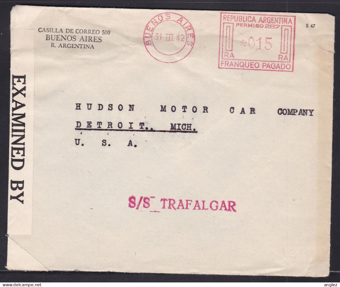 Argentina - 1942 Cover Buenos Aires To Detroit USA Per S/S Trafalgar - Censored - Storia Postale