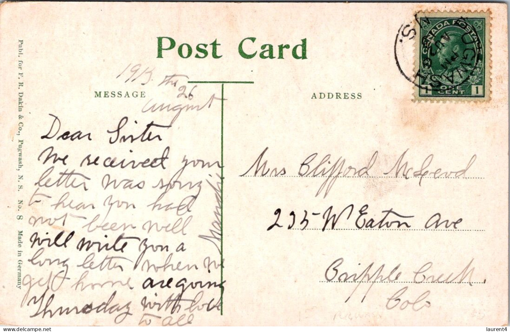 16-4-2024 (2 Z 11) Canada (very Old Posted 1913) Pugwash, Nova Scotia - Altri & Non Classificati