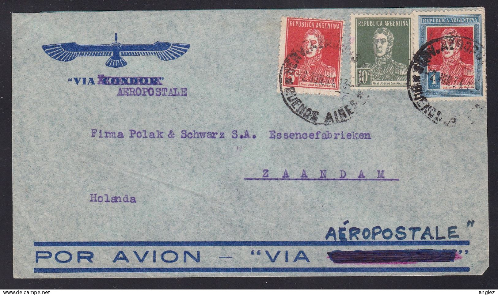 Argentina - 1934 Airmail Cover Buenos Aires To Zaandam Netherlands Per Aeropostale - Covers & Documents