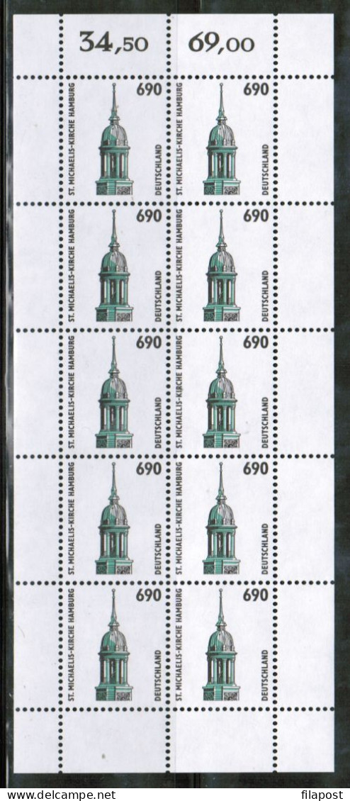 Germany 1996 / Michel 1860 Kb - St. Michael's Church, Hamburg, Architecture, Christianity - Sheet Of 10 Stamps MNH - Churches & Cathedrals