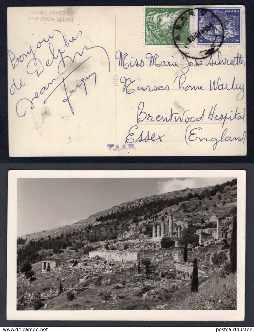 GREECE 1951 Two Values On Real Photo Postcard To England. Delphi Ancient Ruins (p251) - Covers & Documents