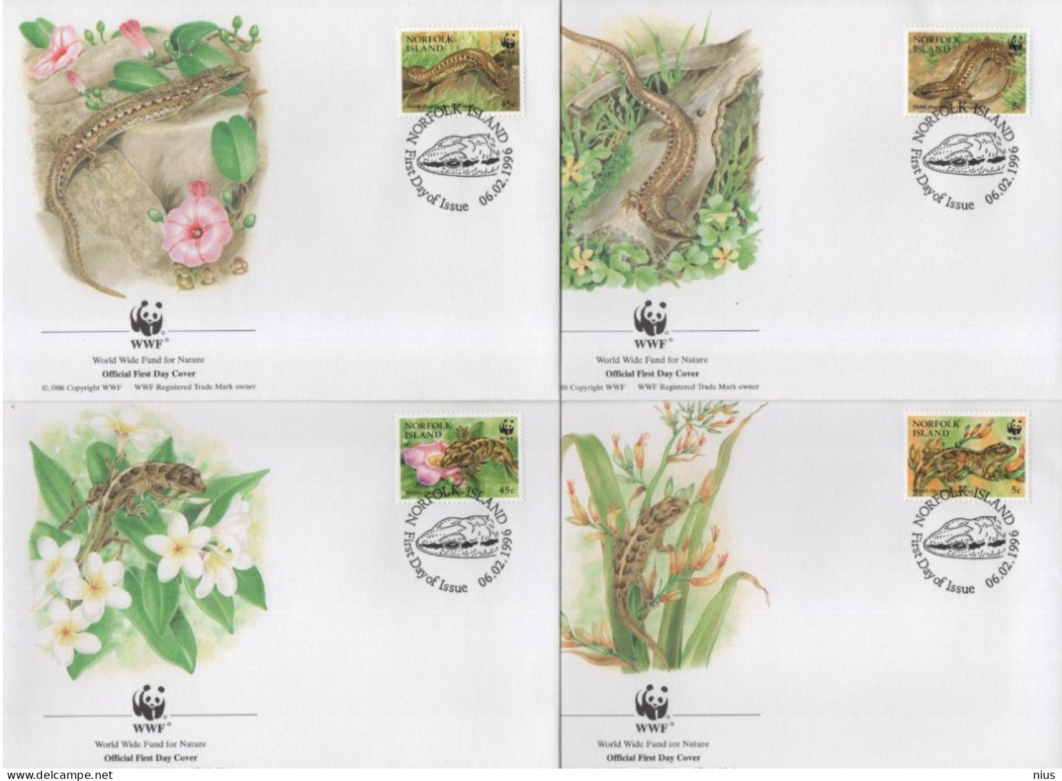 Norfolk Island 1996 FDC Set X4 WWF W. W. F. Lord-Howe-Insel-Blattfingergecko, Christinus Guentheri, Lizard - FDC