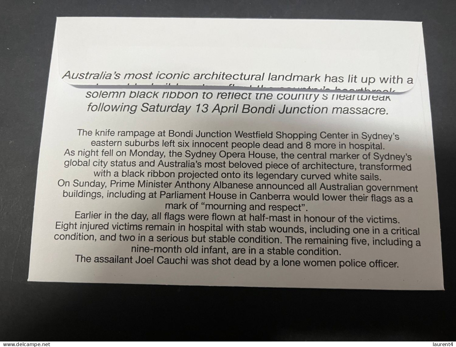 16-4-2024 (2 Z 12) Following Saturday Stabbing Spree In Bondi Junction, Opera House Black Ribbon Monday 15-4-2024 - Autres & Non Classés