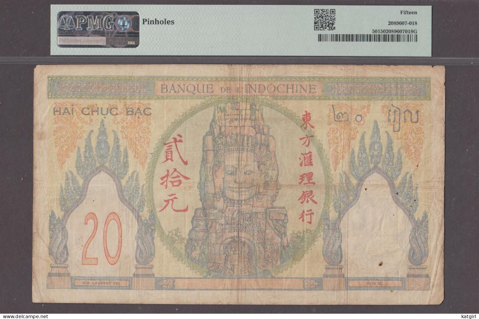 French Indo-China 20 Piastres Banknote P-50 ND(1928-31) Choice Fine PMG 15 - Indocina