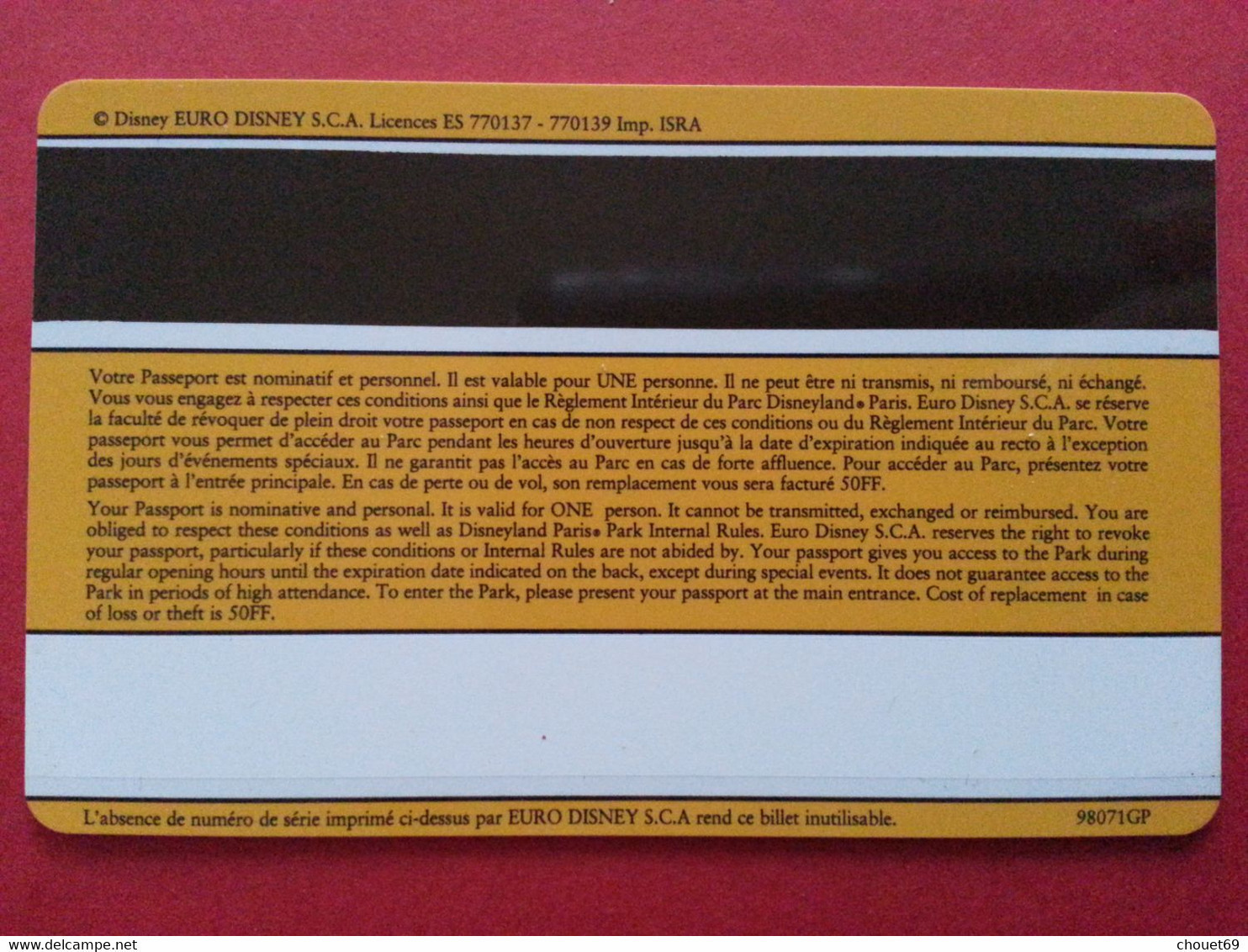 Disneyland Paris Pass Jaune Non Utilisé EURO DISNEY N' 98071GP (TB0322 - Toegangsticket Disney