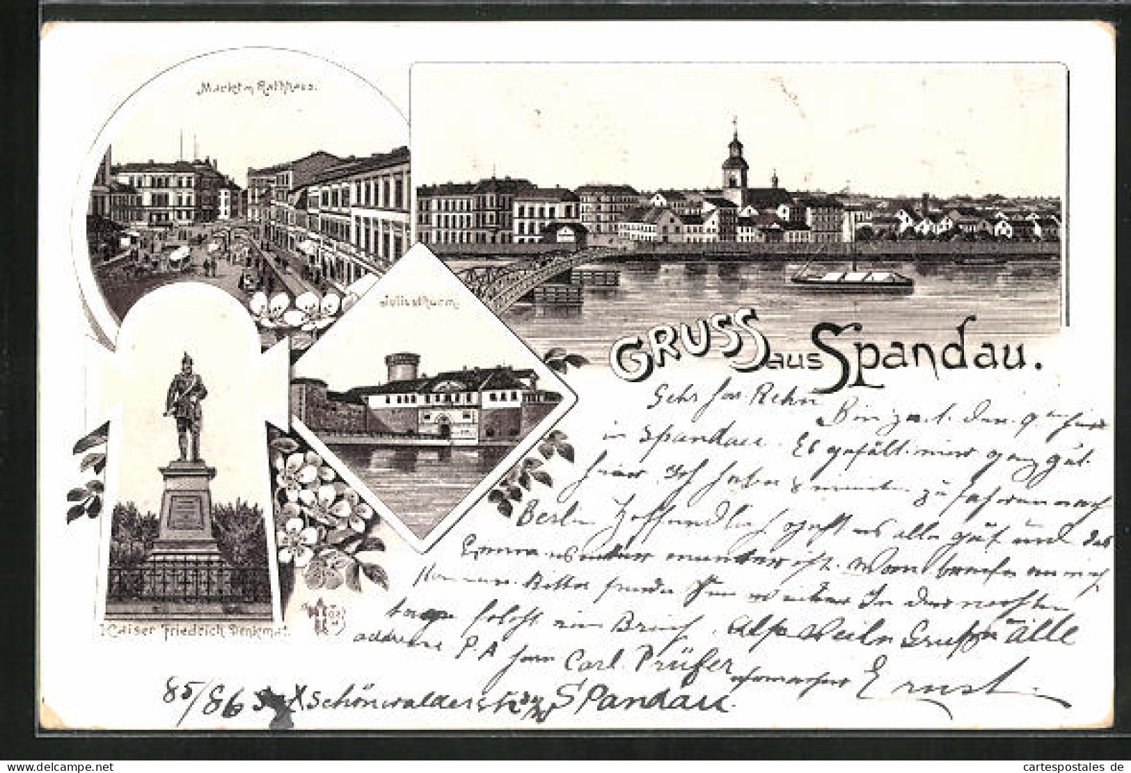 Vorläufer-Lithographie Berlin-Spandau, 1895, Markt Mit Rathaus, Juliusturm, Kaiser Friedrich Denkmal  - Spandau