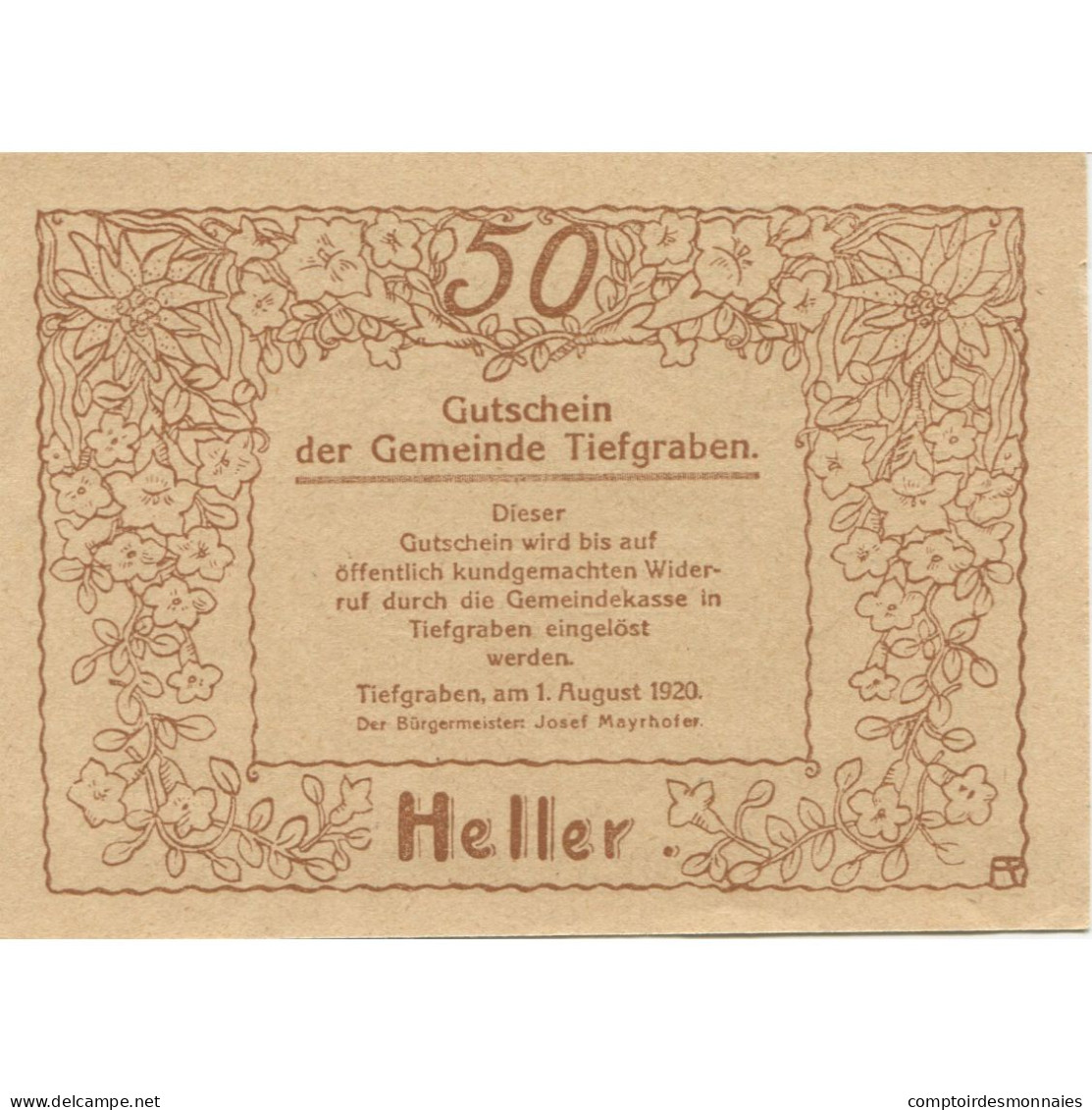 Billet, Autriche, Tiefgraben, 50 Heller, Paysage 1920-09-15, SPL Mehl:FS 1071 - Oesterreich