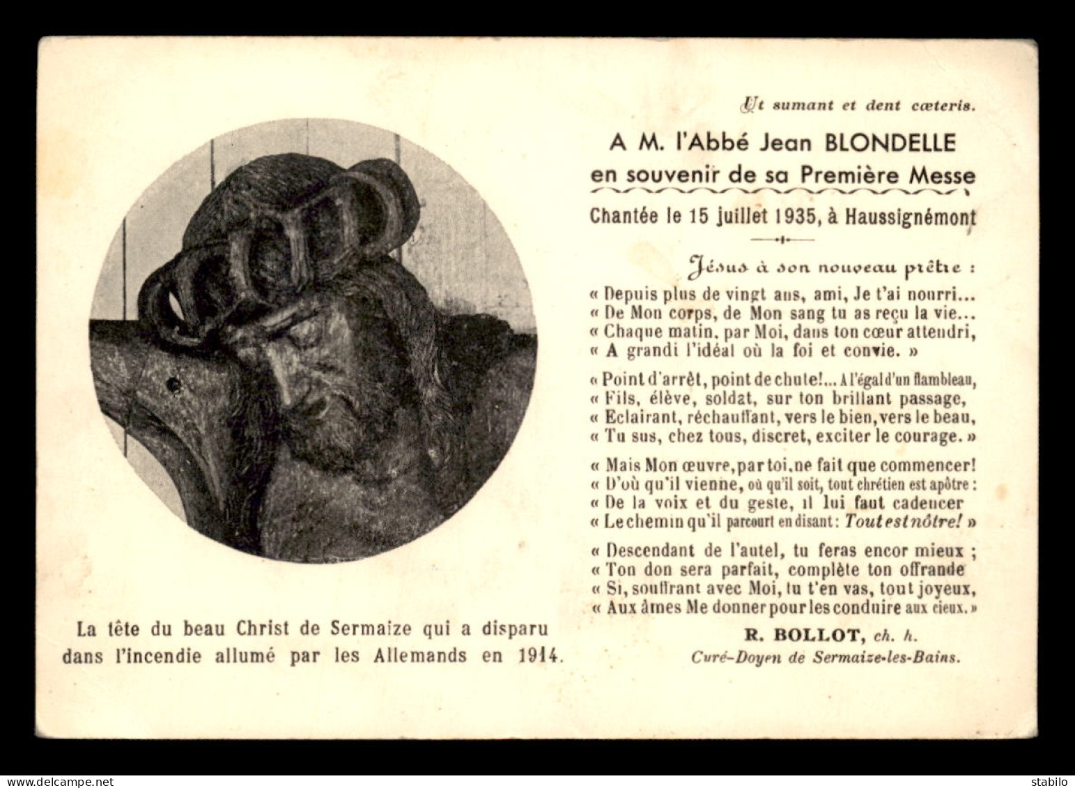 51 - SERMAIZE-LES-BAINS - A M. L'ABBE J. BLONDELLE EN SOUVENIR DE SA 1ERE MESSE - POESIE DU CURE R. BOLLOT - Sermaize-les-Bains