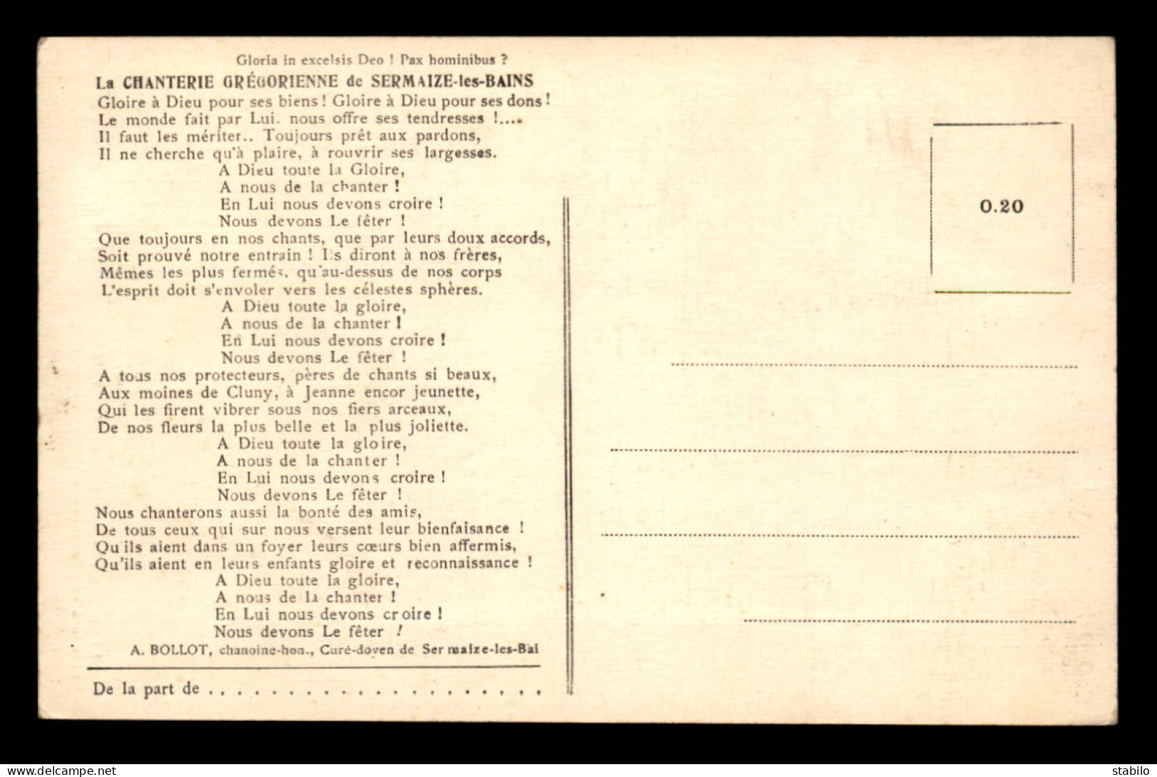 51 - SERMAIZE-LES-BAINS - GRAVURE DE LA CHANTERIE GREGORIENNE ET POESIE DE R. BOLLOT AU VERSO - Sermaize-les-Bains