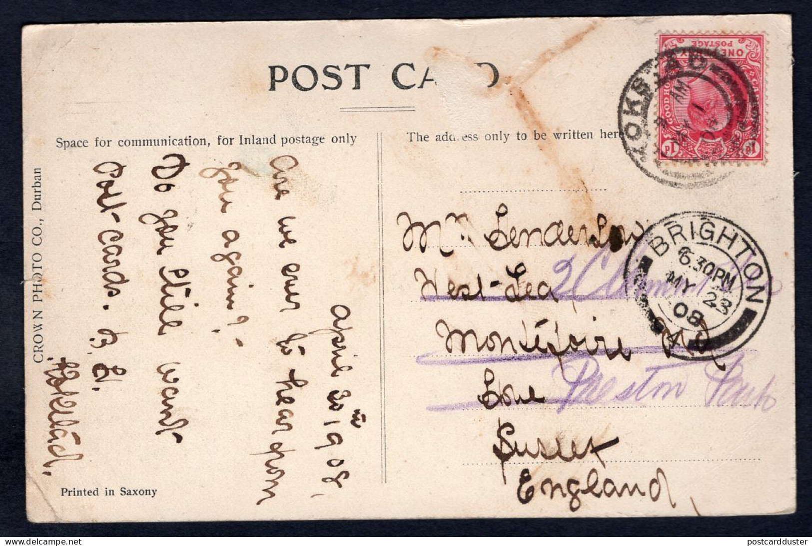 COGH 1d On 1908 Port St John Postcard To England. South Africa (p263) - Kaap De Goede Hoop (1853-1904)