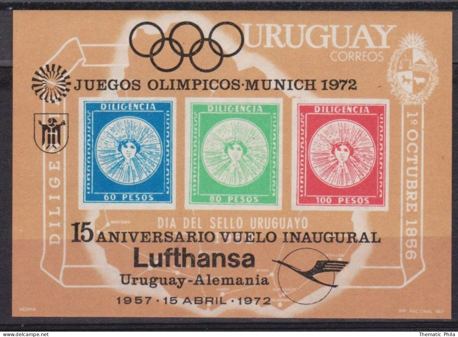 1972 Uruguay Olympic Games Munich OVERPRINT PROOF And Mnh Sheet Bloc S/s Yv H21 -  Aviation Flight Inaug Lufthansa - Zomer 1972: München