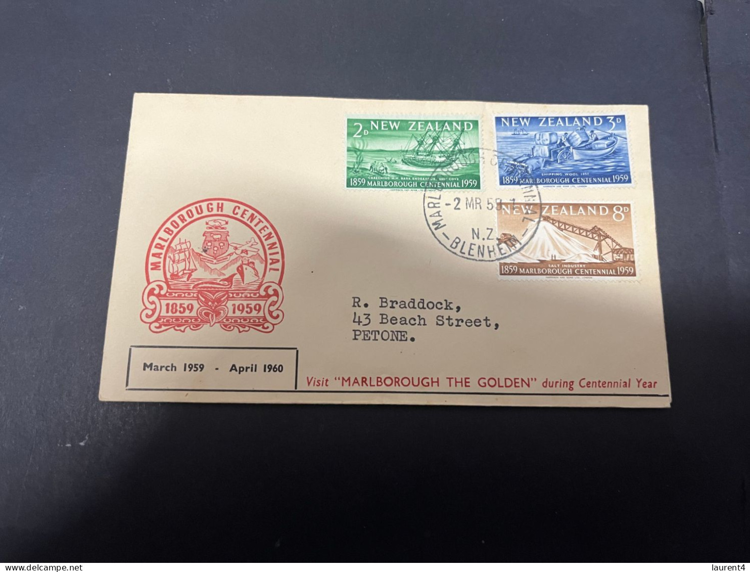 16-4-2024 (2 Z 14) FDC - New Zealand - Posted To Petone - 1959 - Marlborough Centennial - FDC