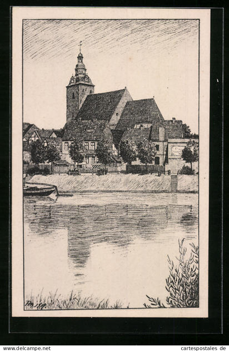 Künstler-AK Havelberg, St. Laurentiuskirche Mit Havel  - Havelberg