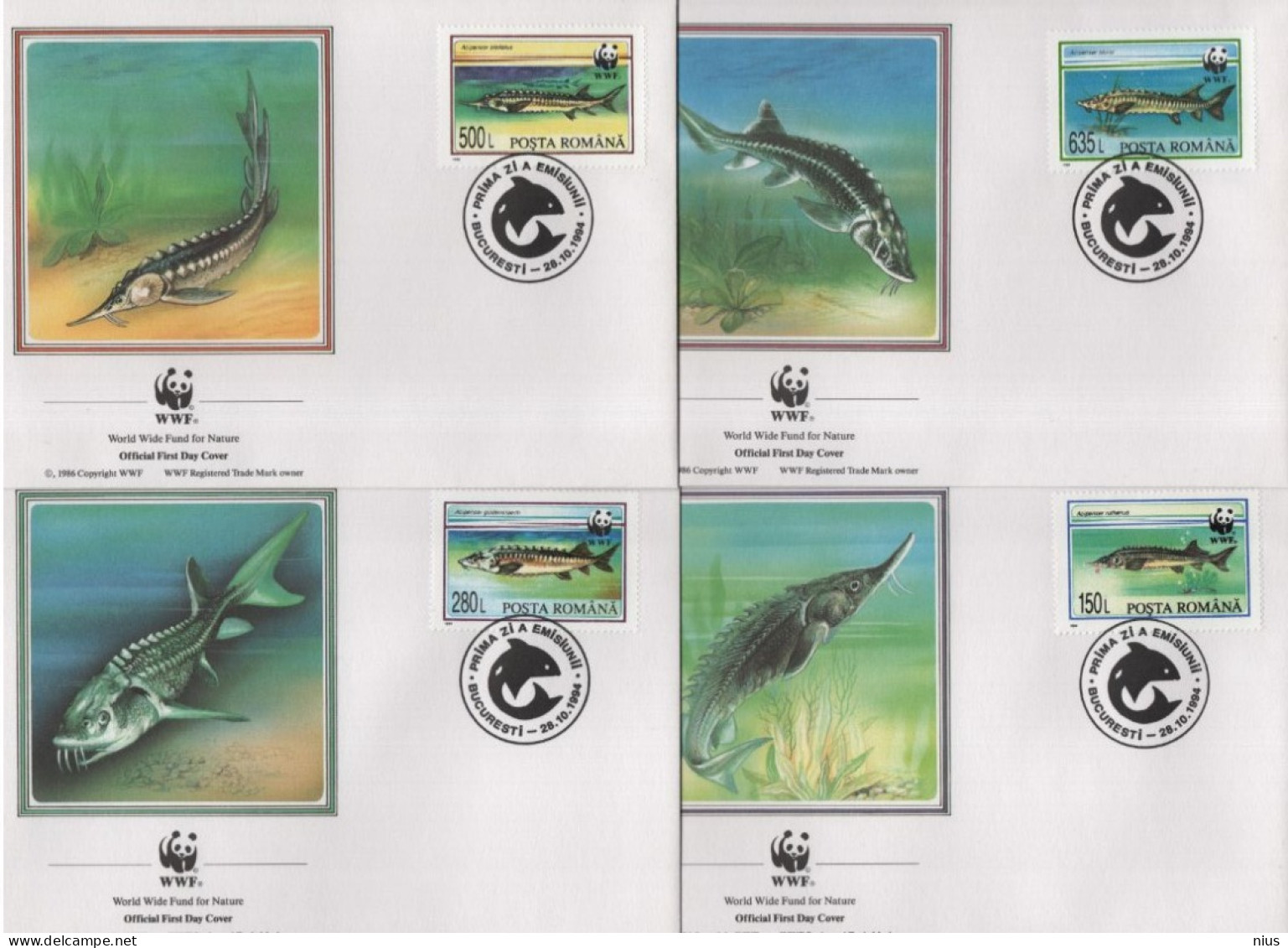 Romana Romania 1994 FDC Set X4 Fish Fishes Fisch Fische Fauna Acipenser Sturgeon Störe - FDC