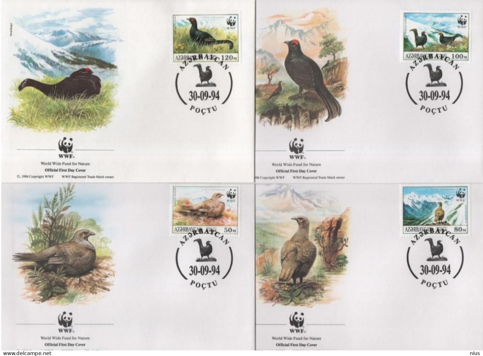 Azerbaijan 1994 WWF W. W. F. FDC Set X4 Bird Birds Fauna Caucasian Grouse - FDC