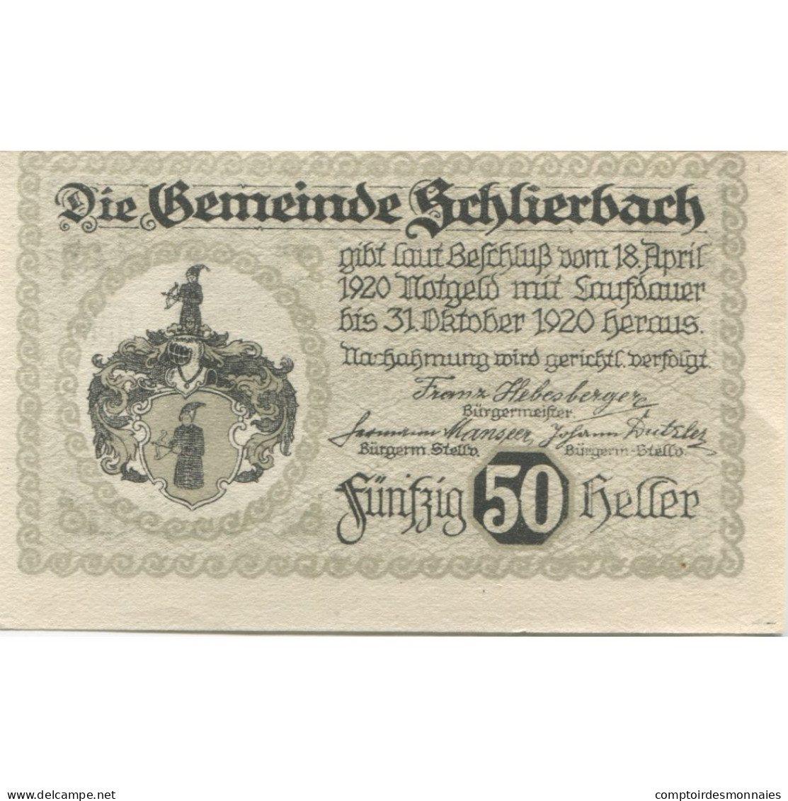 Billet, Autriche, Schlierbach, 50 Heller, Château 1920-10-31, SPL Mehl:FS 962 - Autriche