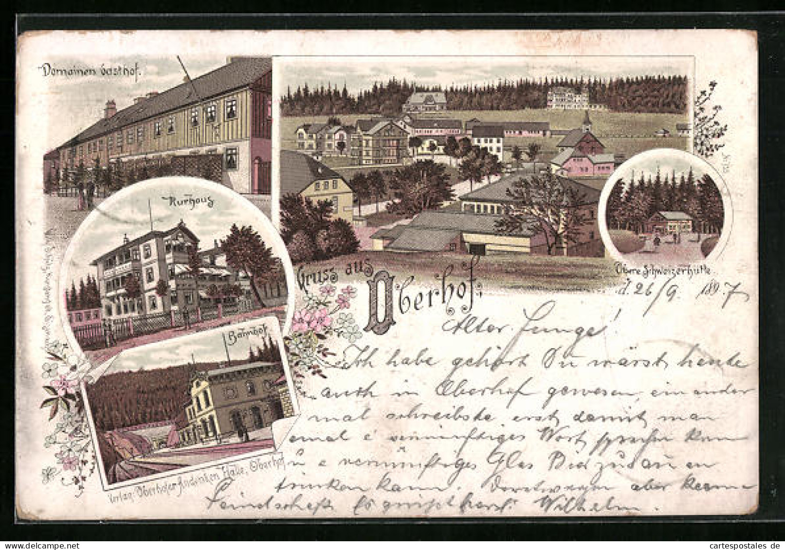 Lithographie Oberhof, Domainen-Gasthof, Kurhaus, Bahnhof, Obere Schweizerhütte  - Oberhof