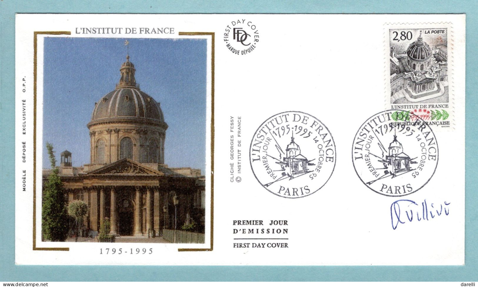 FDC France 1995 - Bicentenaire De L'institut De France - YT 2973 - Paris - Signature  René Quillivic - Dessinateur - 1990-1999