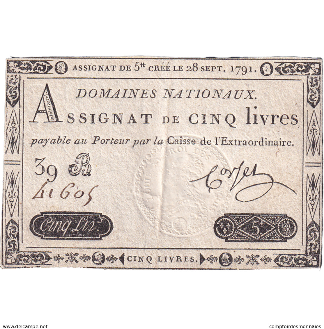 France, 5 Livres, 1791, 39B41605, TB+, KM:A49, Lafaurie:144 - Assegnati