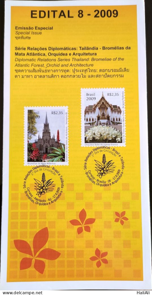 Brochure Brazil Edital 2009 08 Diplomatic Relations Brazil Thailand Bromelias Church Architecture Without Stamp - Lettres & Documents