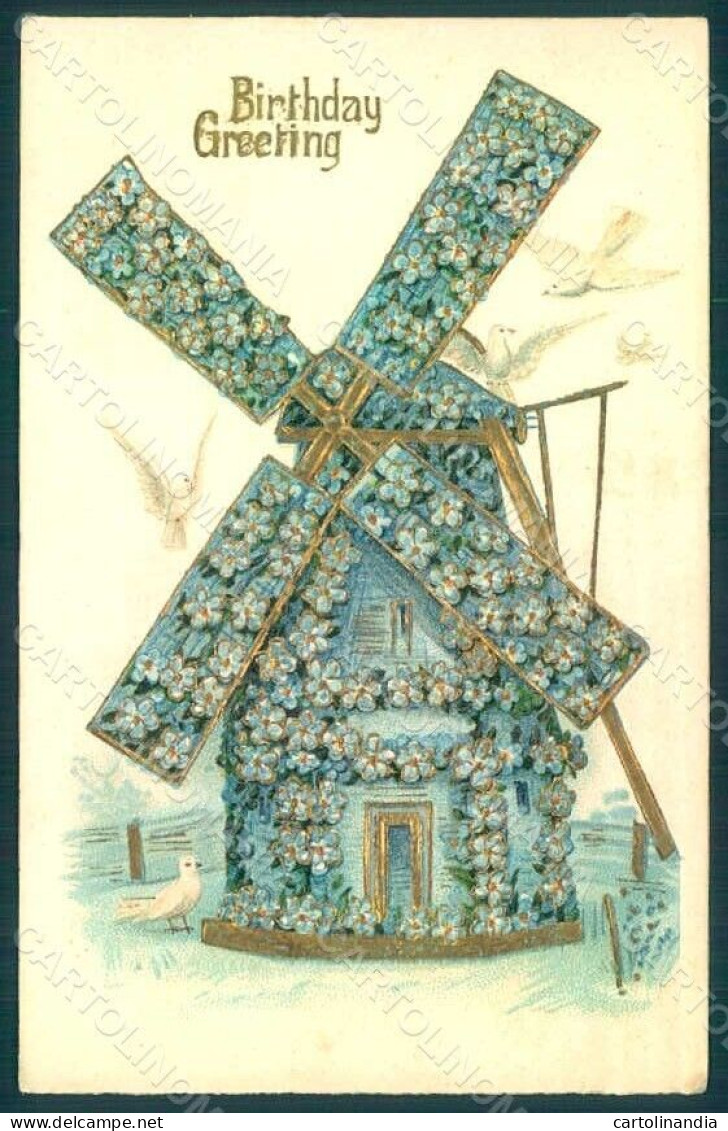 Greetings Birthday Windmill Flowers Myosotis Dove Serie 181 Relief Pc HR0165 - Fleurs