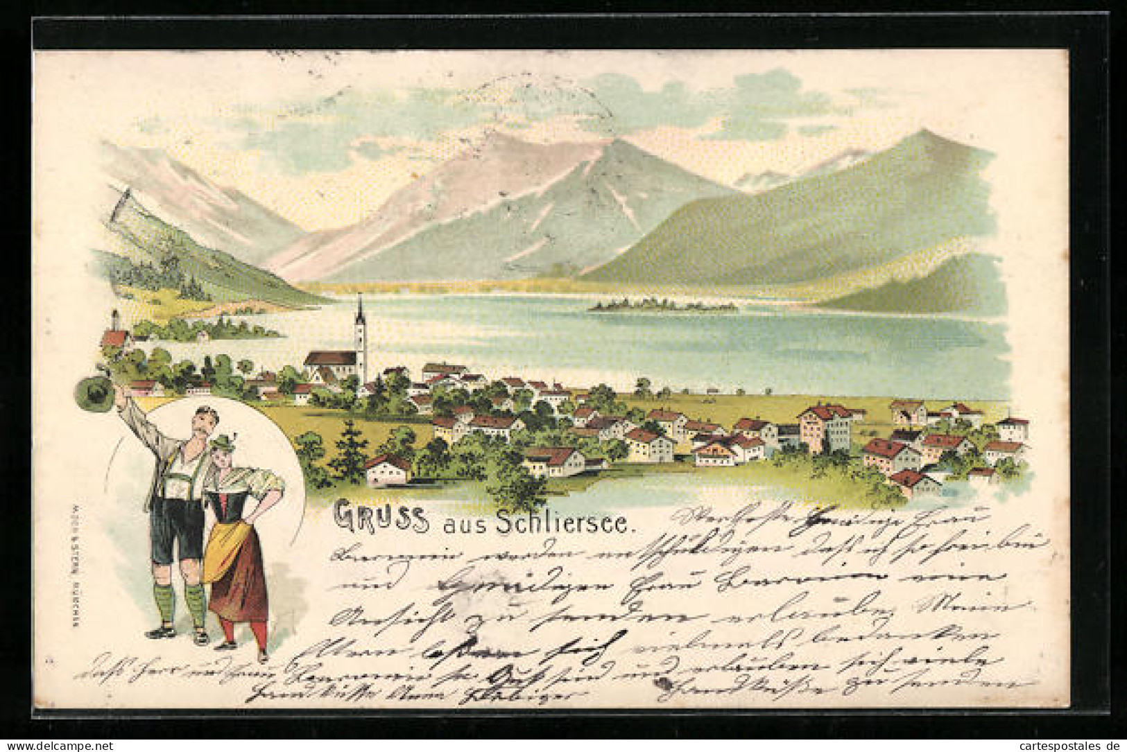 Lithographie Schliersee, Teilansicht Mit Kirche, Paar In Tracht  - Schliersee