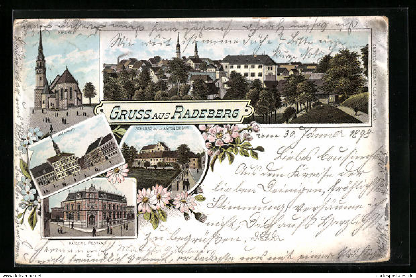 Lithographie Radeberg, Schloss Jetzt Amtsgericht, Rathaus, Kaiserliches Postamt  - Radeberg