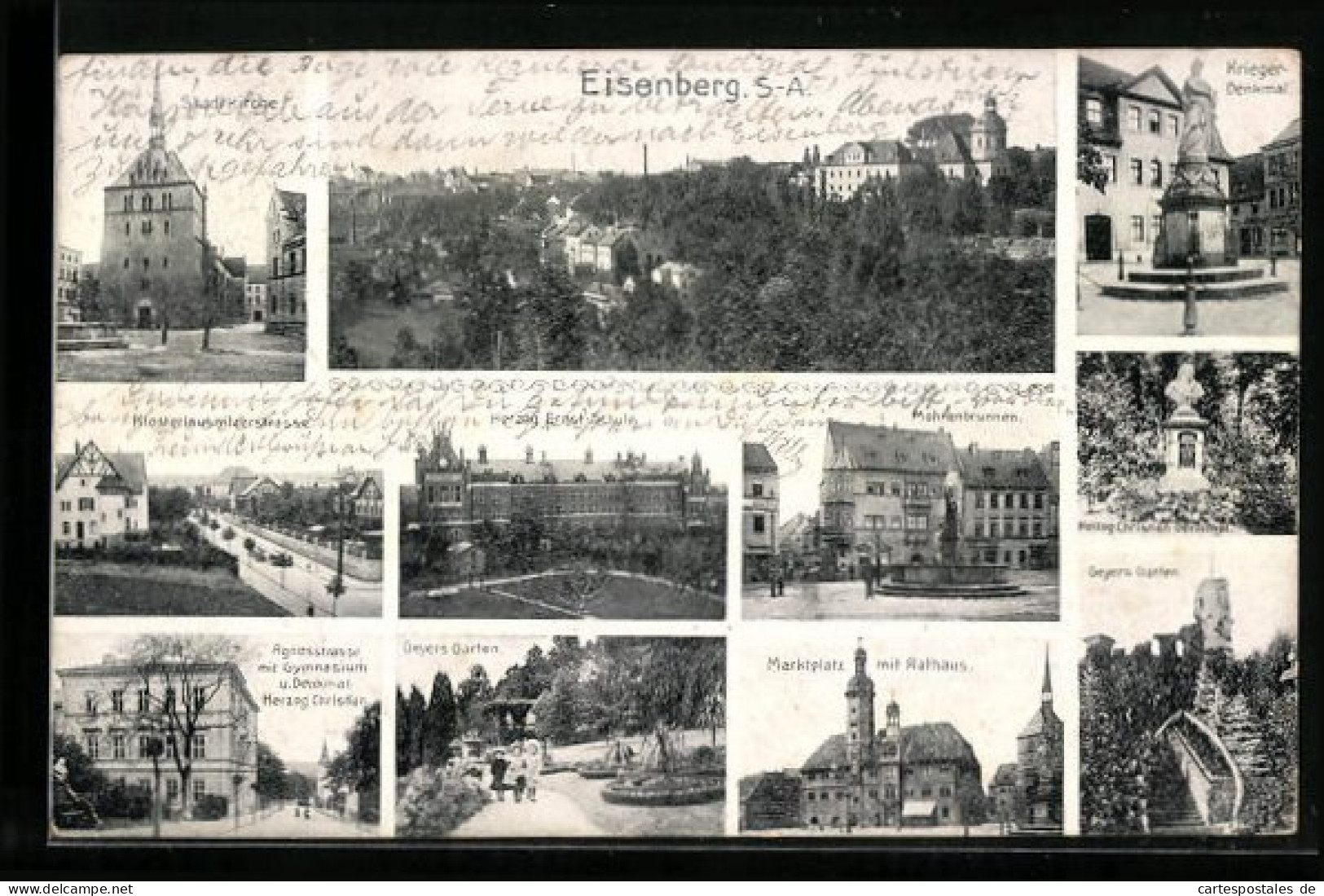 AK Eisenberg /S.-A., Geyers Garten, Stadtkirche, Mohrenbrunnen  - Eisenberg