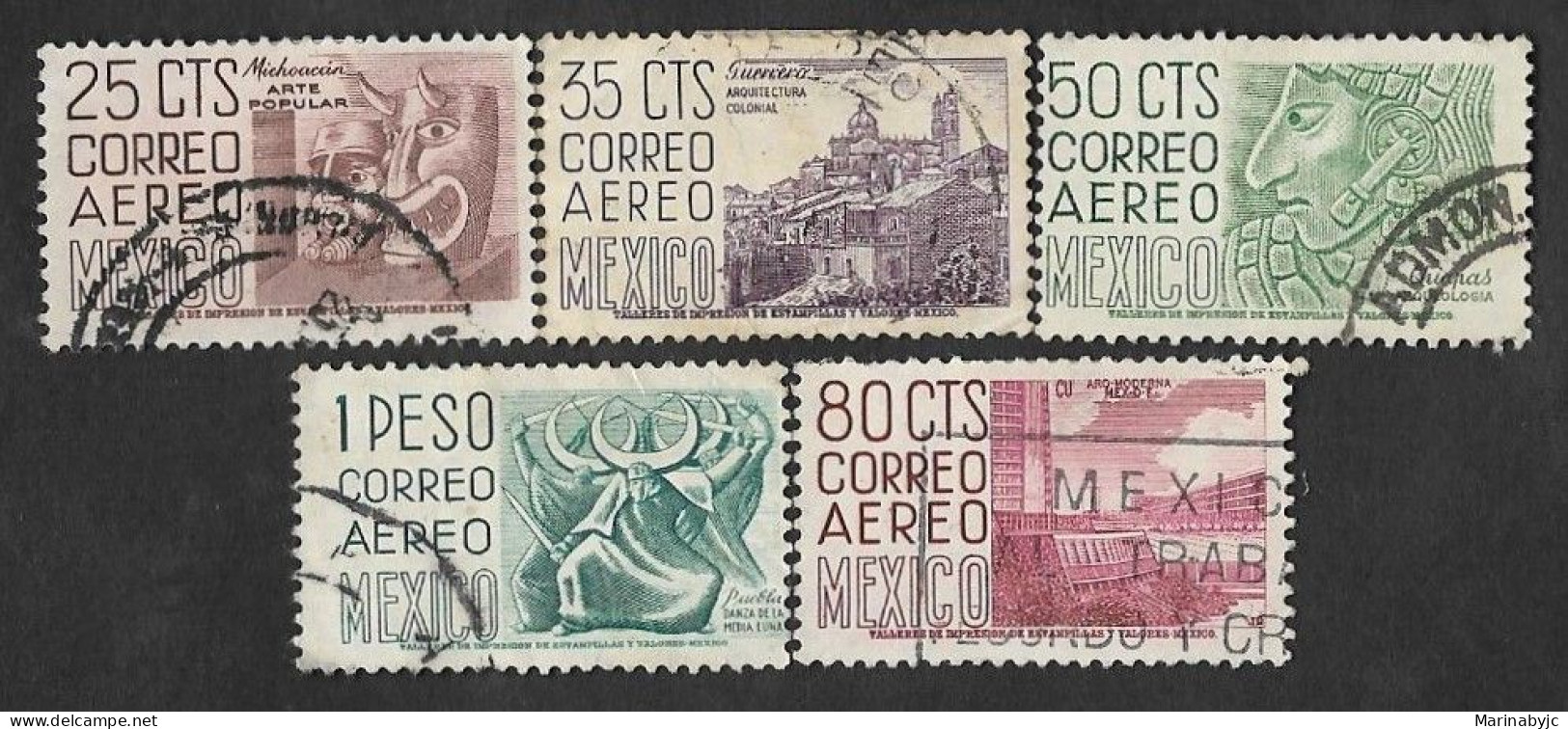 SD)1953-56 MEXICO MICHOACAN, MASKS 25C SCT C220A, GUERRERO, VIEW OF TAXCO 35C SCT C220B, CHIAPAS, ARCHEOLOGY 50C SCT C21 - Mexique