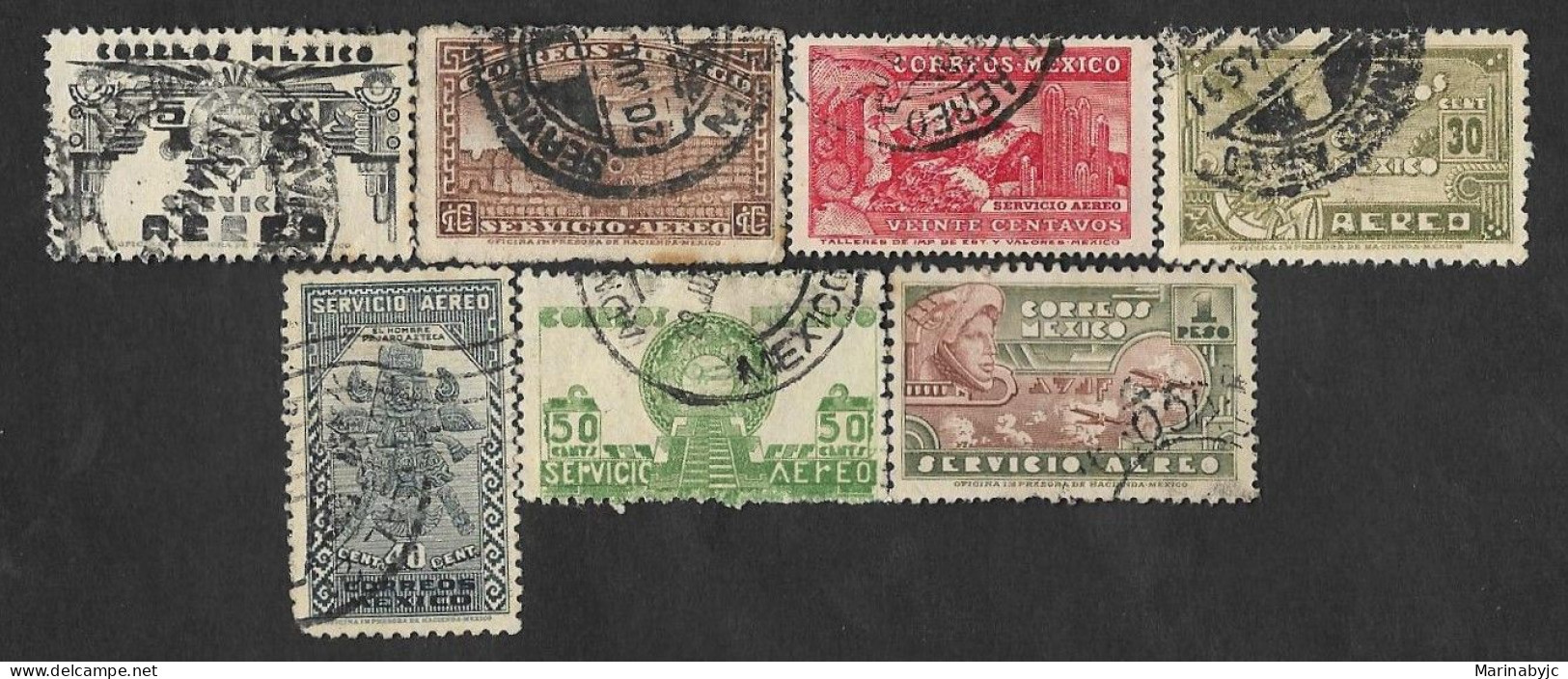 SD)1934-35 MEXICO SHORT SERIES, SYMBOL OF THE AIR SERVICE 5C SCT C65, TLÁLOC, THE GOD OF WATER 10C SCT C66, INDIAN MAN 2 - Mexique