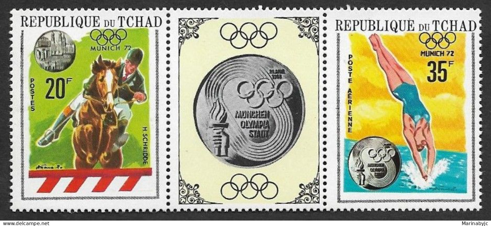 SD)1972 CHAD SPORTS SERIES, OLYMPIC GAMES MUNICH, GERMAN R. F. WINNERS, STRIP OF 3 MNH STAMPS - Tschad (1960-...)