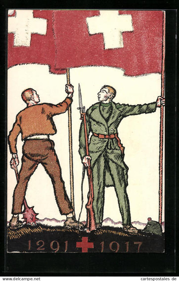AK Schweizer Bundesfeier 1917, Ein Soldat Und Ein Bürger Hissen Die Flagge Des Landes, Ganzsache  - Entiers Postaux