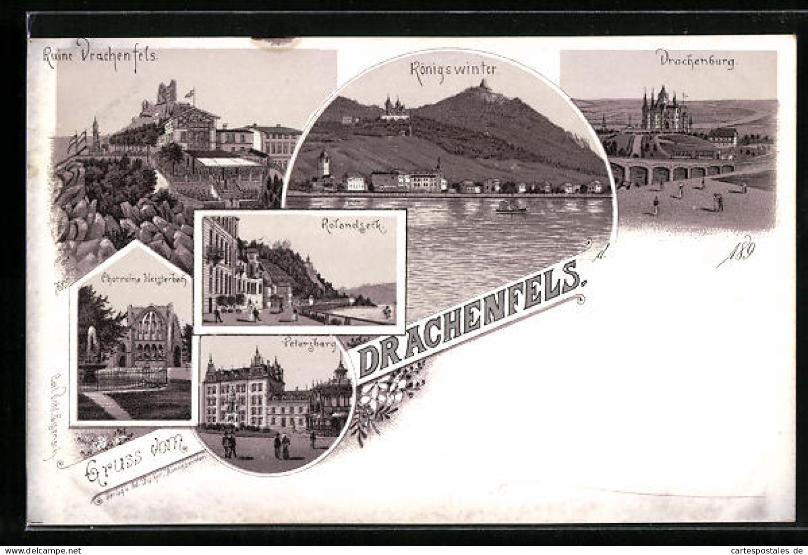 Lithographie Königswinter, Drachenfels, Drachenburg, Rolandseck  - Koenigswinter