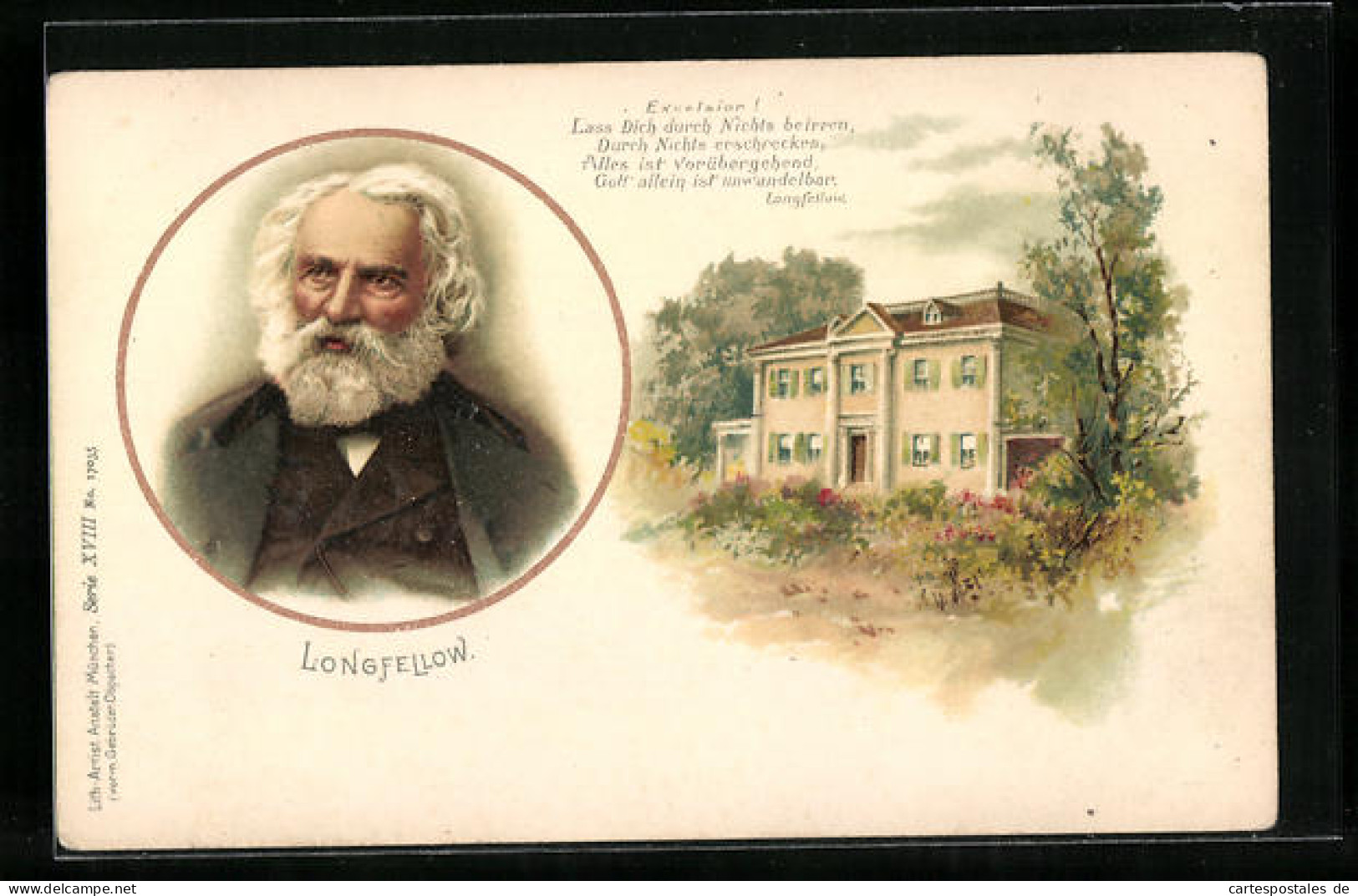 Lithographie Longfellow, Geburtshaus  - Ecrivains