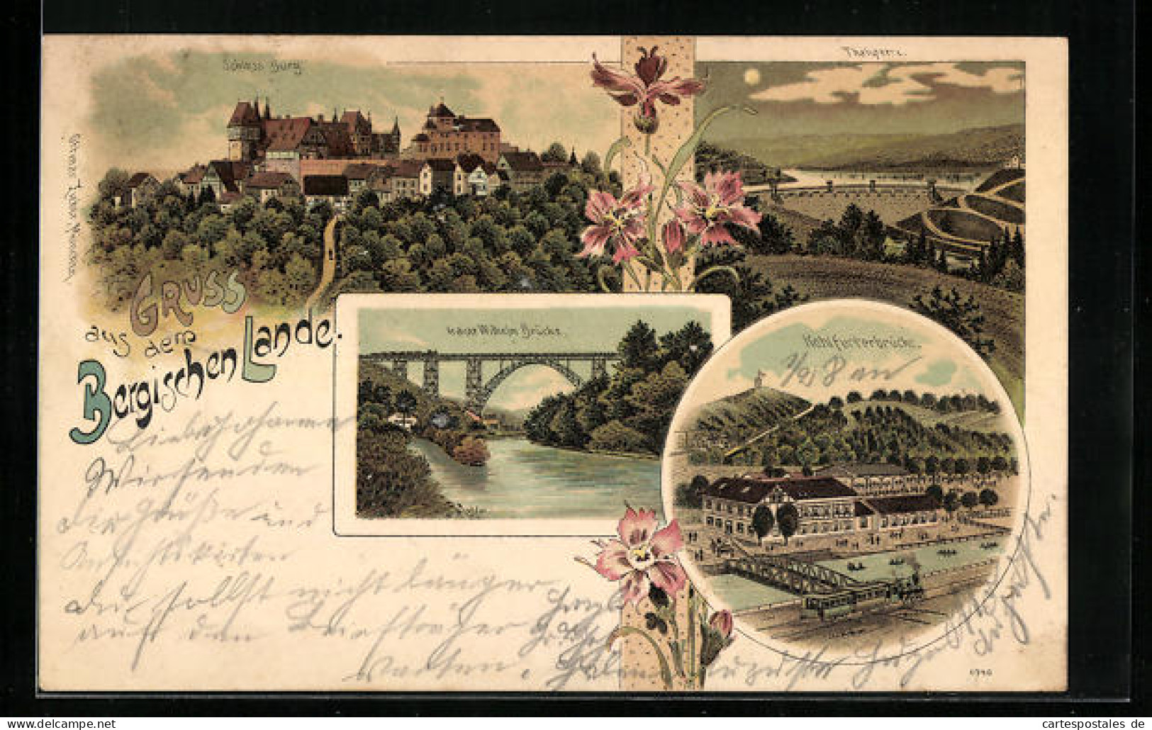 Lithographie Wuppertal, Kaiser Wilhelm Brücke, Kohlfurtherbrücke, Schloss Burg  - Wuppertal