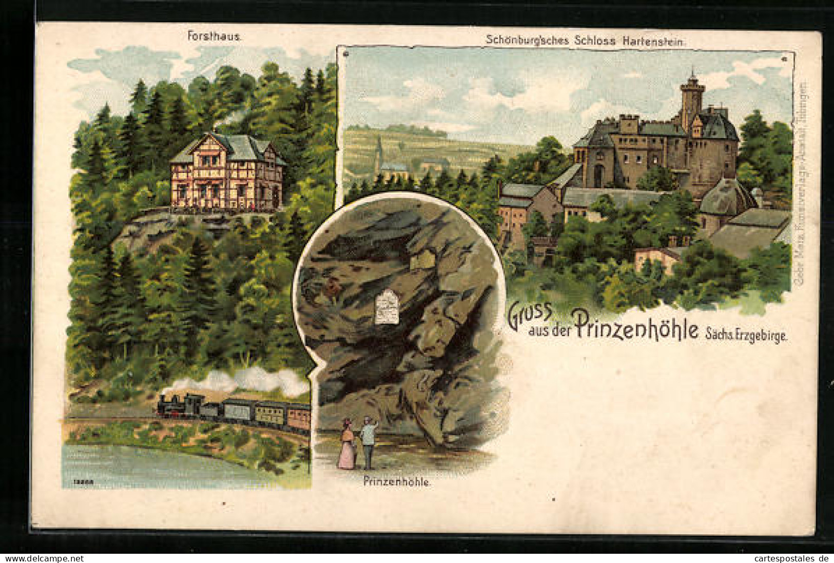Lithographie Hartenstein, Forsthaus, Schönburg`sches Schloss Hartenstein, Prinzenhöhle  - Hunting