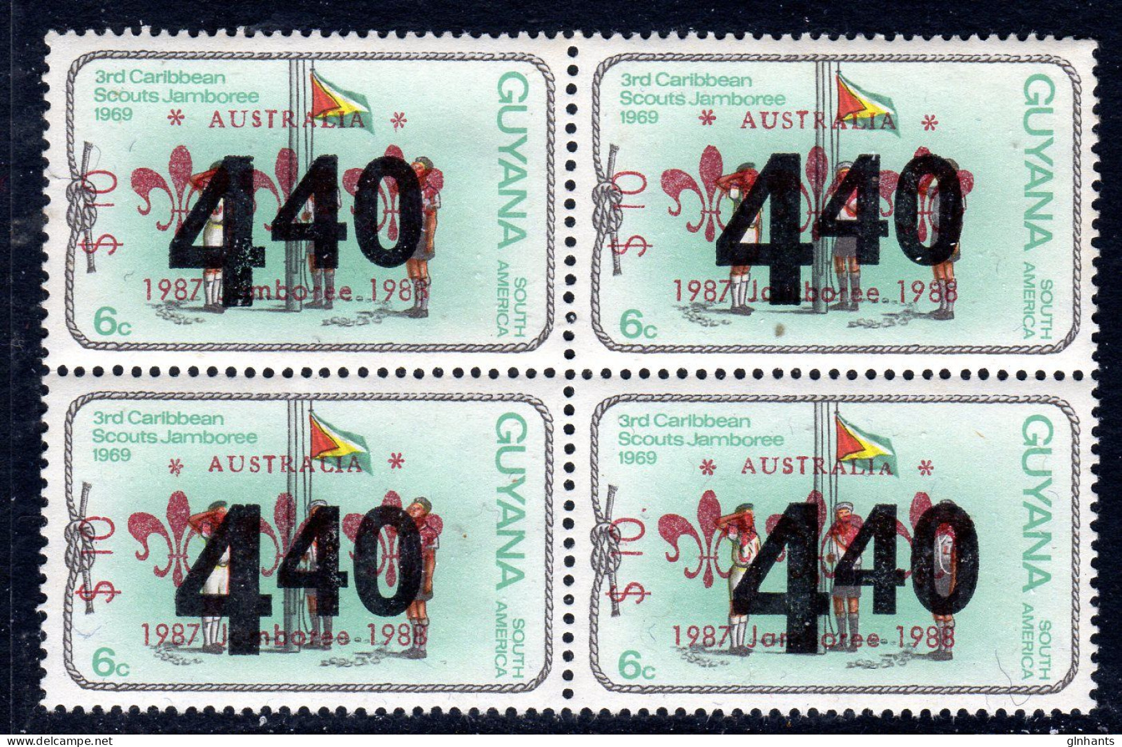 GUYANA - 1988 $10 ON 440 ON 6c AUSTRALIA JAMBOREE OVERPRINT IN BLOCK OF 4  FINE MNH ** SG 2269a X 4 - Guyane (1966-...)